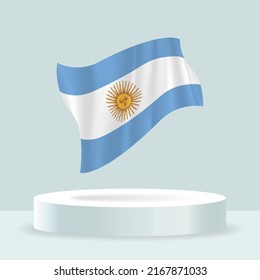 Argentina flag. 3d rendering of the flag displayed on the stand. Waving flag in modern pastel colors. Flag drawing, shading and color on separate layers, neatly in groups for easy editing.