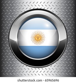 Argentina flag button on metal background, vector.