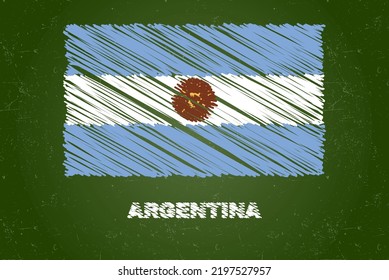 Bandera argentina con efecto tiza sobre pizarra verde, concepto de bandera del país dibujante a mano, pizarra verde con bandera argentina, textura de tiza, bandera para los niños, material de clase