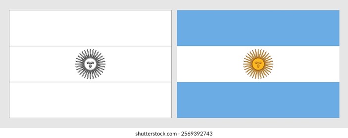 Argentina flag - coloring page. Set of white wireframe thin black outline flag and original colored flag.