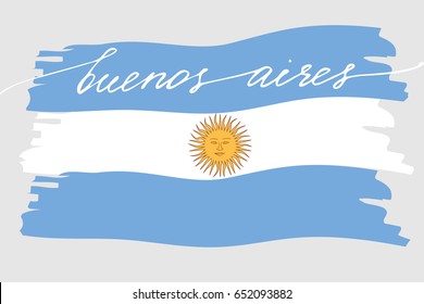 Argentina flag handwriting text calligraphy flag of Argentina with handwritten text Buenos Aires and hand drawn sun, vector. There are true colors of flag