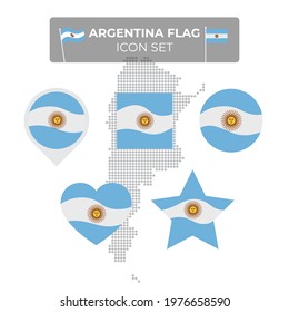 Argentina flag icons set in the shape of square, heart, circle, stars and pointer, map marker. Mosaic map of argentina. Waving in the wind. Argentine vector flat symbol, icon, button