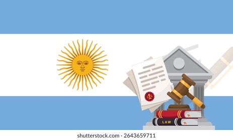 Argentina flag with judge gavel, corruption or injustice concept, public outrage in Argentina, international decision idea, law or legal result, civil court judgment, news banner
