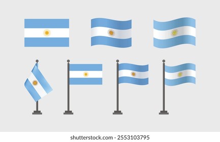 Bandeira da Argentina, bandeira da Argentina no mastro com efeito de onda, ilustração Vetor design plano. Vários tipos de desenhos de bandeira argentina.