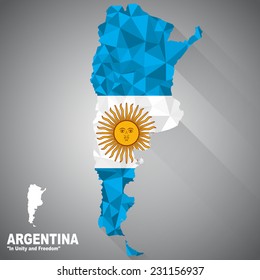 Argentina flag overlay on Argentina map with polygonal and long tail shadow style (EPS10 art vector)