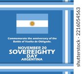Argentina flag and ribbons with bold text and sentences on turquoise background to commemorate Sovereignty Day on November 20 in Argentina