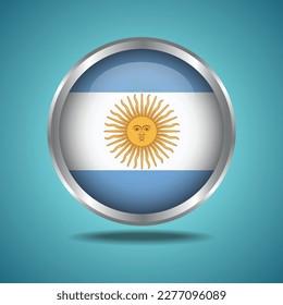  The Argentina flag. Round glossy. Silver frame. Isolated on color gradient background