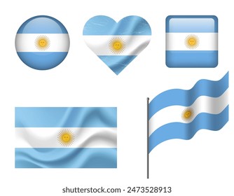 Argentina flag set of icons. Vector flag of Argentina, symbol. Set of Argentinean flags button, waved, heart.
