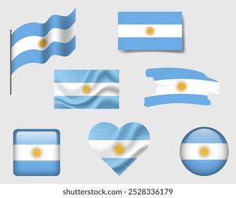 Argentina flag set of icons. Vector flag of Argentina, symbol. Set of Argentinean flags brush, button, waved, heart.