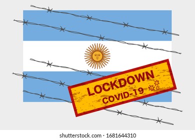 Argentinische Flagge mit Schild-Sperrwarnung Sicherheit aufgrund von Coronavirus-Krise covid-19 Krankheiten Design mit Barbe verkabelte isolierte Vektorillustration