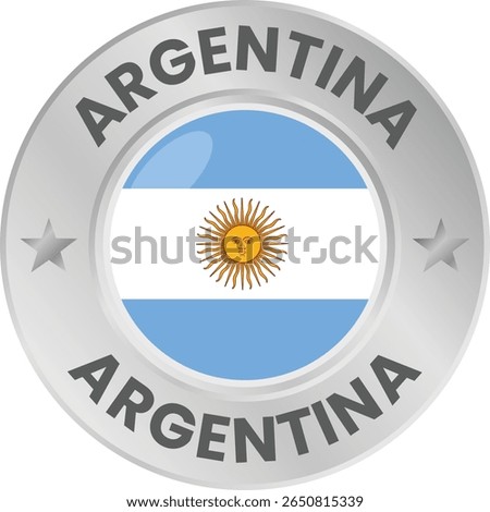 Argentina flag in silver colored medal. National flag in metal circle emblem.