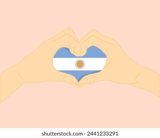 Bandera de Argentina con forma de corazón de dos manos, expresar amor o afecto concepto, apoyar o donar a Argentina, signo de amor de corazón de mano, diseño vectorial, patriotismo y nacionalismo idea
