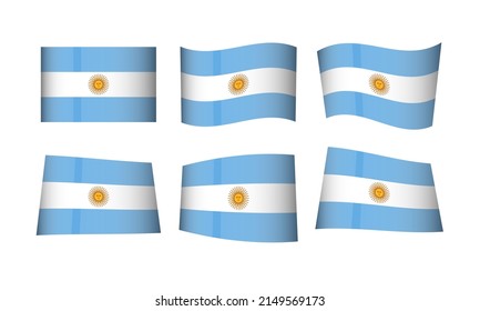 Argentina Flag Vector Set Flags Argentine Symbol Republic National Wave Wavy Realistic Argentinian Sun Wind Banner Argentinean Icon Button Sticker 25th May 9th July Country State Vintage Retro 3D