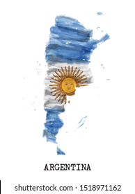 Argentina flag watercolor painting design and country map shape with splatter color . isolated background . Vector .