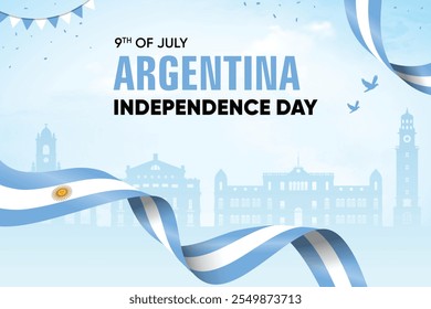 Argentina Flag Waving On Skyline Background. Independence Day Concept Design Vector Illustration.