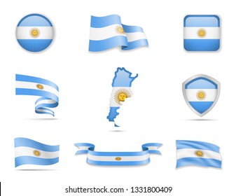Argentina flags collection. Flags and outline of the country vector illustration set