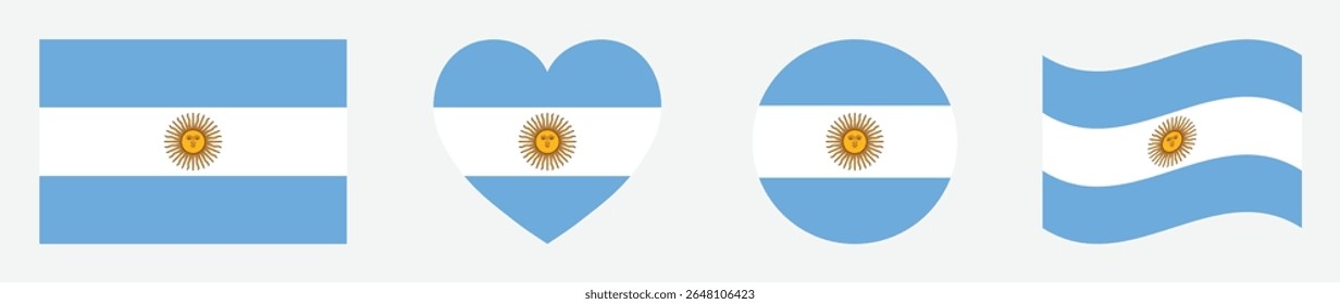 Argentina bandeiras definidas em quadrado, coração, círculo e ondulação formatos projeta elemento. Coleção Argentina flags. Conjunto de ícones de bandeiras da Argentina isolados em fundo cinza. Ilustração vetorial.