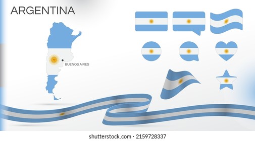 Banderas de Argentina puestas. Varios diseños. Mapa y ciudad capital. Banderas del mundo. Conjunto de vectores. Círculo. Plantilla para el día de la independencia. Colección de símbolos nacionales. Cinta con colores del indicador