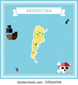 Argentina flat treasure map. Colorful cartoon treasure map of Argentina with flat icons of pirate ship, jolly roger, treasure chest and banner ribbon. Flat design vector illustration.