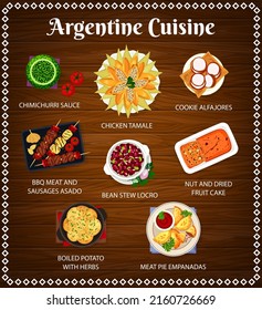 Argentina food, Argentinian bbq and Argentine empanadas with chimichurri, vector cuisine menu. Argentine stew and grill barbecue meat, restaurant lunch and dinner, traditional meal dishes