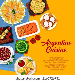 Argentina food menu cover, Argentine cuisine dishes and meals, vector. Argentinian restaurant lunch and dinner poster with empanadas, BBQ grill and meat pie, bean stew, chicken tamale and chimichurri