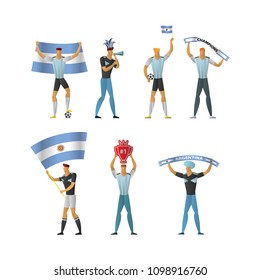 Argentina football fans. Cheerful soccer supporters crowd. vector illustration.