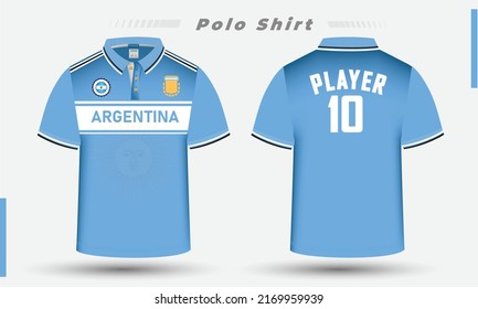 Argentina Football team jersey Design along with the Argentina flag and icon. Men's polo shirt design.