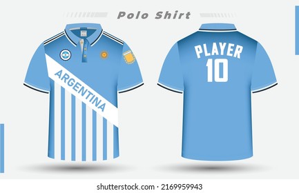 Argentina Football team jersey Design along with the Argentina flag and icon. Men's polo shirt design.