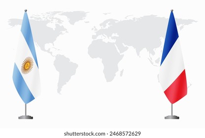 Argentina and France flags for official meeting against background of world map.