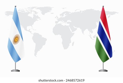 Argentina and Gambia flags for official meeting against background of world map.