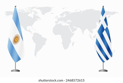 Argentina and Greece flags for official meeting against background of world map.