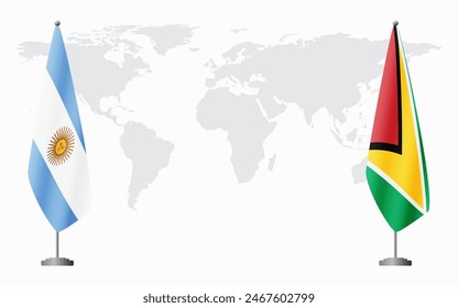 Argentina and Guyana flags for official meeting against background of world map.