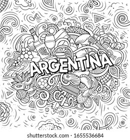 Argentina hand drawn cartoon doodles illustration. Funny travel design. Creative art vector background. Handwritten text with elements and objects. Line art composition