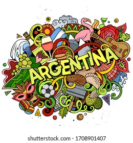 Argentina hand drawn cartoon doodles illustration. Funny travel design. Creative art vector background. Handwritten text with elements and objects. Colorful composition