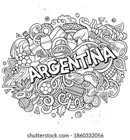 Argentina hand drawn cartoon doodles illustration. Funny travel design. Creative art vector background. Handwritten text with elements and objects. Line art composition