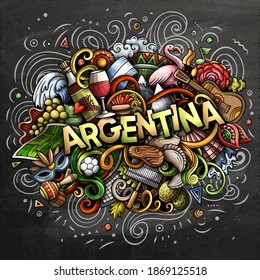 Argentina hand drawn cartoon doodles illustration. Funny travel design. Creative art vector background. Handwritten text with elements and objects. Colorful composition