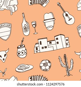 Argentina hand drawn doodle seamless pattern. Sketches. Vector illustration for design and packages product. Symbol collection.