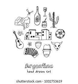 Argentina hand drawn doodle set. Sketches. Vector illustration for design and packages product. Symbol collection.