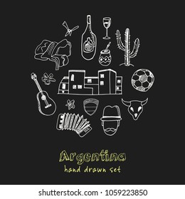 Argentina hand drawn doodle set. Sketches. Vector illustration for design and packages product. Symbol collection.