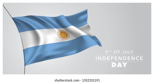 Argentina happy independence day greeting card, banner, horizontal vector illustration. Argentinian holiday 9th of July design element with waving flag as a symbol of independence 