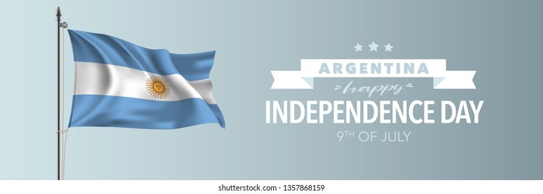 Argentina happy independence day greeting card, banner vector illustration. Argentinian national holiday 9th of July design element with waving flag on flagpole 
