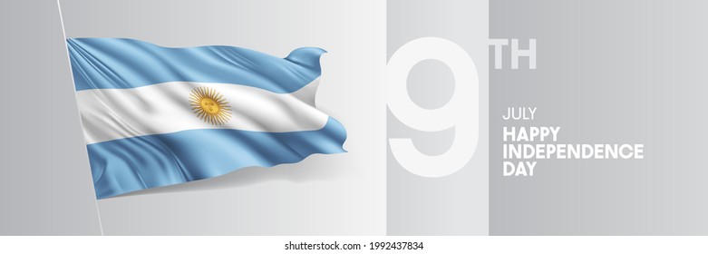 Argentina happy independence day greeting card, banner vector illustration. Argentinian national holiday 9th of July design element with 3D waving flag on flagpole