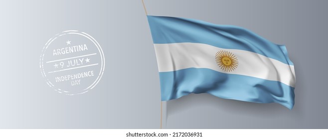 Tarjeta de saludo del Día de la Independencia de Argentina, cartel con ilustraciones vectoriales de texto de plantilla. Fiesta conmemorativa argentina 9 de julio elemento de diseño con bandera 3D con rayas