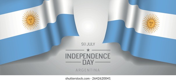Argentina feliz dia da independência cartão de saudação, banner com modelo de texto vetor ilustração. Elemento de design do feriado do memorial argentino do dia 9 de julho com bandeira 3D com listras e sol