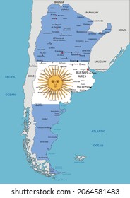 Argentina highly detailed political map with national flag isolated on white background.