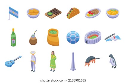 Argentina icons set isometric vector. Travel culture. Patagonia map