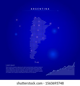 Argentina illuminated map with glowing dots. Infographics elements. Dark blue space background. Vector illustration. Growing chart, lorem ipsum text.
