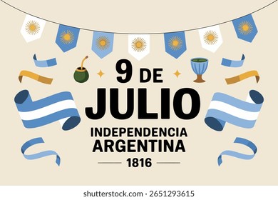 Argentina Independence Day banner, 9 de julio independencia, patriotic celebration, national holiday, festive design, flag illustration