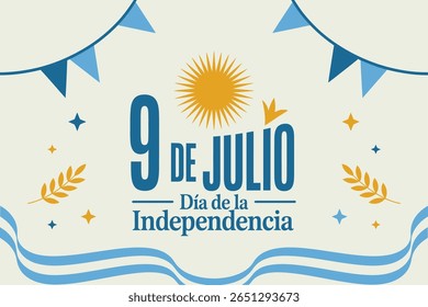 Argentina Independence Day banner, 9 de julio, patriotic celebration, national holiday, festive design, sun and flag illustration