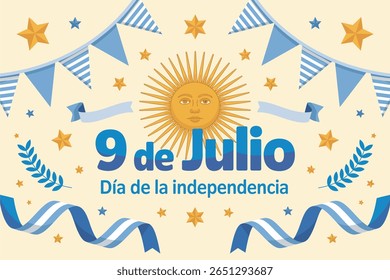 Argentina Independence Day banner, 9 de julio, patriotic celebration, national holiday, festive design, sun and flag illustration